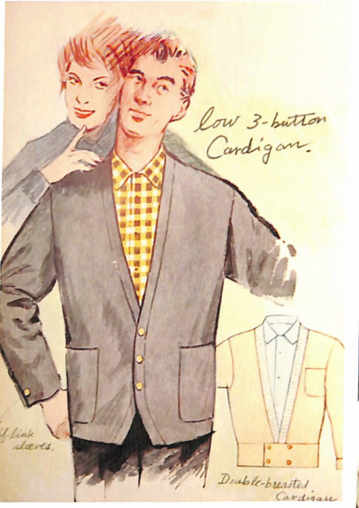 50〜60年代に流行したニット＆シャツ・スタイル：ロー3ボタン型カーディガン